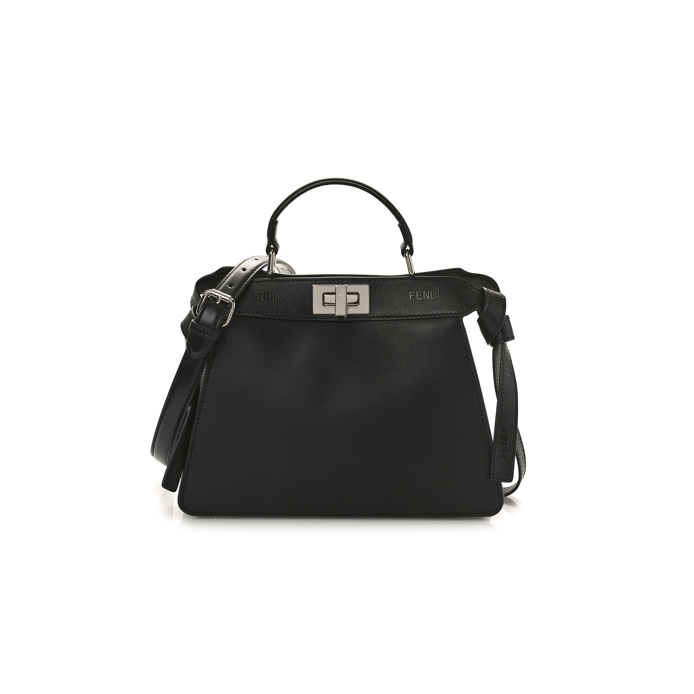 FENDI VITELLO SETA SHINY NAPPA LOGO EMBOSSED LACES SMALL PEEKABOO I SEE U SATCHEL BLACK (27*20*11cm) 